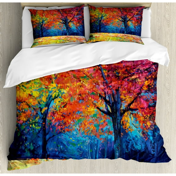Nature Duvet Cover Set, Colorful Trees and Falling Autumn Leaves Seasonal Art Picture, Decorative 3 Piece Bedding Set with 2 Pillow Shams, Calking Size, Vermilion Navy Blue, by Ambesonne