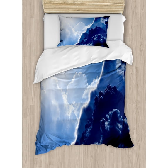 Nature Duvet Cover Set, Composite of Contrasting Colors Theme in Diverse Tones of Skyline Weather Nature Art, Decorative 2 Piece Bedding Set with 1 Pillow Shams, Twin Size, Navy Blue, by Ambesonne