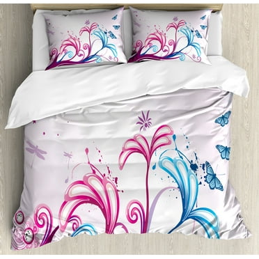 Nature Duvet Cover Set, Curved Giant Flower Bodies and Butterflies Flying Spring Style Design, Decorative 3 Piece Bedding Set with 2 Pillow Shams, Calking Size, Lilac Pink Sky Blue, by Ambesonne