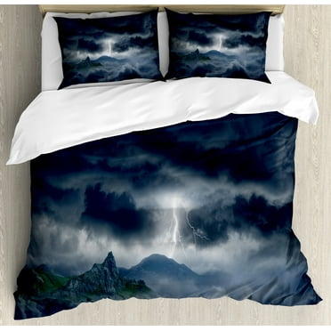 Nature Duvet Cover Set, Dark Stormy Sky over Mountains Like Fictional Powerful Nature Image, Decorative 3 Piece Bedding Set with 2 Pillow Shams, Calking Size, Blue, by Ambesonne