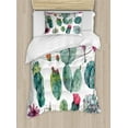 thumbnail image 1 of Nature Duvet Cover Set, Desert Botanical Herbal Cartoon Style Cactus Plant Flower with Spikes Print, Decorative 2 Piece Bedding Set with 1 Pillow Shams, Twin Size, Green and Pink, by Ambesonne, 1 of 3