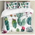 thumbnail image 1 of Nature Duvet Cover Set, Desert Botanical Herbal Cartoon Style Cactus Plant Flower with Spikes Print, Decorative 3 Piece Bedding Set with 2 Pillow Shams, King Size, Green and Pink, by Ambesonne, 1 of 3
