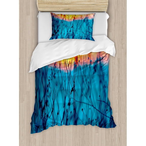 Nature Duvet Cover Set, Dried Flowers Twigs Tranquil Sunset Scenery Agriculture Autumn Field, Decorative 2 Piece Bedding Set with 1 Pillow Shams, Twin Size, Pale Blue Peach Orange, by Ambesonne