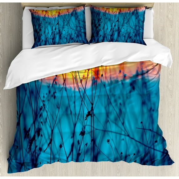 Nature Duvet Cover Set, Dried Flowers Twigs Tranquil Sunset Scenery Agriculture Autumn Field, Decorative 3 Piece Bedding Set with 2 Pillow Shams, Queen Size, Pale Blue Peach Orange, by Ambesonne