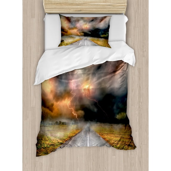 Nature Duvet Cover Set, Dusty Storm Clouds and Thunder over Highway in Field Electrical Activity Print, Decorative 2 Piece Bedding Set with 1 Pillow Shams, Twin Size, Orange Grey, by Ambesonne