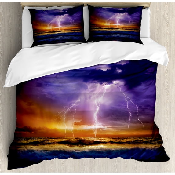 Nature Duvet Cover Set, Epic Thunder and the Storm on the Sea Wave Horizon Bad Weather Atmosphere, Decorative 3 Piece Bedding Set with 2 Pillow Shams, Queen Size, Purple and Orange, by Ambesonne