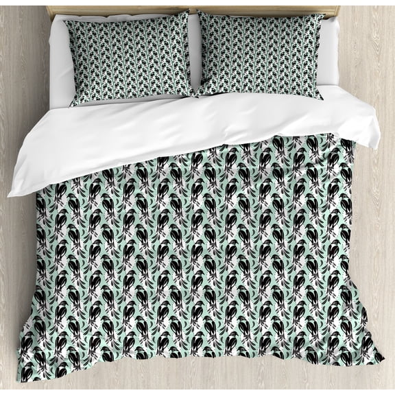 Nature Duvet Cover Set, Ethnic Birds Pattern Similar to Magpie Raindrop Ovals Dots Pastel Design, Decorative 3 Piece Bedding Set with 2 Pillow Shams, Calking Size, Mint Green Dark Grey, by Ambesonne