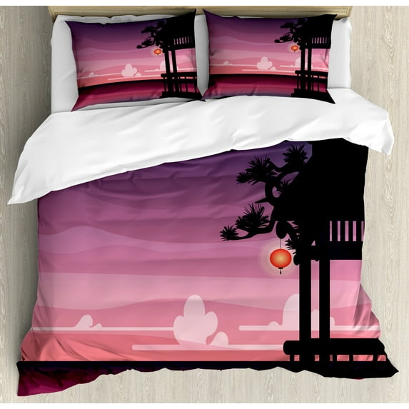 Nature Duvet Cover Set, Exotic Scene of Ethnic Pavilion at Abstract Sunset next to Ocean, Decorative 3 Piece Bedding Set with 2 Pillow Shams, Queen Size, Dried Rose Multicolor, by Ambesonne