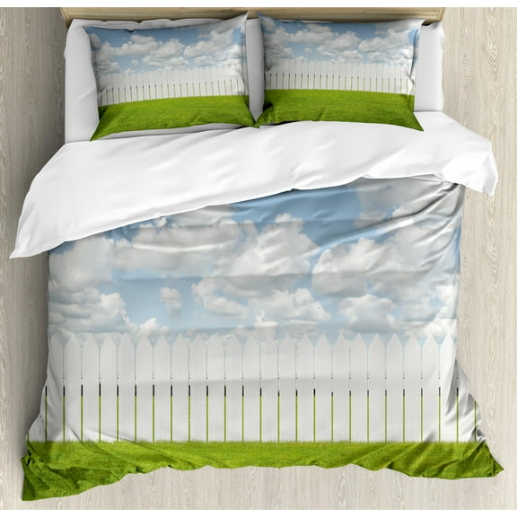 Nature Duvet Cover Set, Exquisite Sykline with Clouds over a Meadow Serenity Tranquil Place Relax Print, Decorative 3 Piece Bedding Set with 2 Pillow Shams, King Size, Green White, by Ambesonne