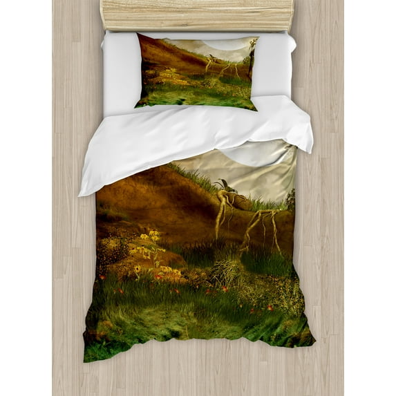 Nature Duvet Cover Set, Exquisite Valley with Giant Full Moon Sky Enchanted Fantasy Scenery, Decorative 2 Piece Bedding Set with 1 Pillow Shams, Twin Size, Fern Green Cinnamon, by Ambesonne