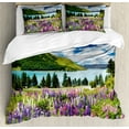 thumbnail image 1 of Nature Duvet Cover Set, Floral Mountain Meadow Valley by Lake with Blossom Petals Inspiration Picture, Decorative 3 Piece Bedding Set with 2 Pillow Shams, Calking Size, Purple Fern Green, by Ambesonne, 1 of 3