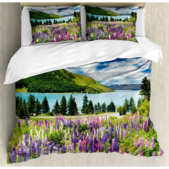 Nature Duvet Cover Set, Floral Mountain Meadow Valley by Lake with Blossom Petals Inspiration Picture, Decorative 3 Piece Bedding Set with 2 Pillow Shams, King Size, Purple Fern Green, by Ambesonne