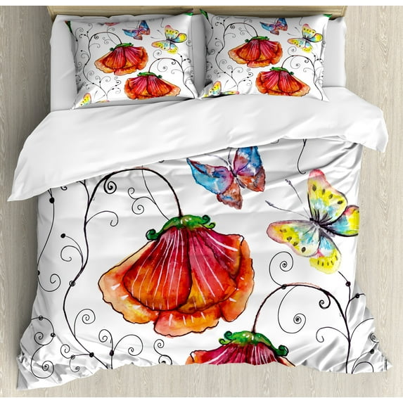 Nature Duvet Cover Set, Flowers with Swirled Branches Butterflies in Watercolors Botanical Summer, Decorative 3 Piece Bedding Set with 2 Pillow Shams, Queen Size, Multicolor, by Ambesonne