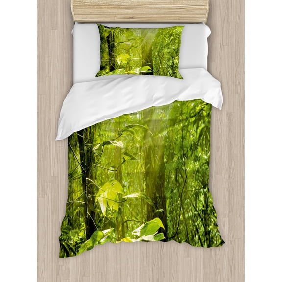 Nature Duvet Cover Set, Forest with Sunray Foliage Leaf Branches Woodland Eco Jungle Misty Picture, Decorative 2 Piece Bedding Set with 1 Pillow Shams, Twin Size, Lime Green Brown, by Ambesonne