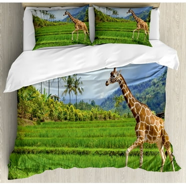 Nature Duvet Cover Set, Giraffe Goes on Grass Against Mountain Tropical Landscape, Decorative 3 Piece Bedding Set with 2 Pillow Shams, Calking Size, Fern Green Pale Blue, by Ambesonne