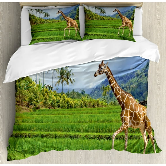 Nature Duvet Cover Set, Giraffe Goes on Grass Against Mountain Tropical Landscape, Decorative 3 Piece Bedding Set with 2 Pillow Shams, Calking Size, Fern Green Pale Blue, by Ambesonne