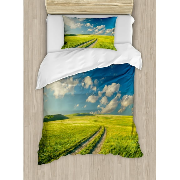 Nature Duvet Cover Set, Grass Path Clouds Sky Serene Sun Spring Rural Country Panorama Art, Decorative 2 Piece Bedding Set with 1 Pillow Shams, Twin Size, Apple Green Dark Blue, by Ambesonne