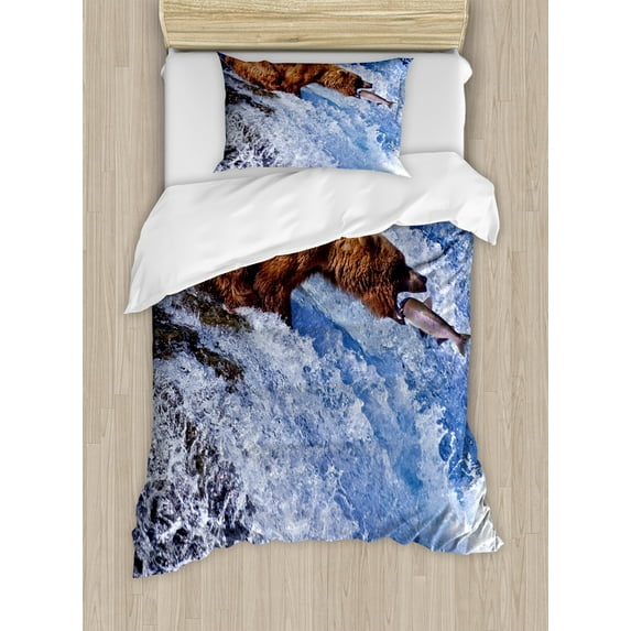 Nature Duvet Cover Set, Grizzly Bear at Katmai National Park Alaska Waterfall Catches Fish Wildlife Picture, Decorative 2 Piece Bedding Set with 1 Pillow Shams, Twin Size, White Brown, by Ambesonne