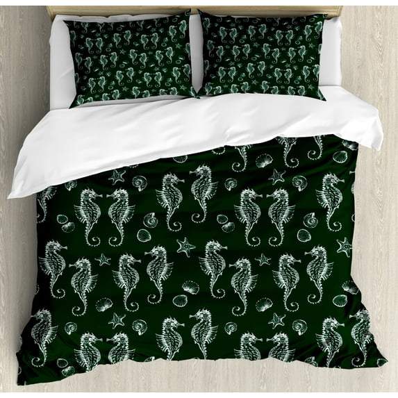 Nature Duvet Cover Set, Hand Drawn Inspired Seahorses and Seashell Silhouettes Sketched Design, Decorative 3 Piece Bedding Set with 2 Pillow Shams, Calking Size, Dark Green and White, by Ambesonne