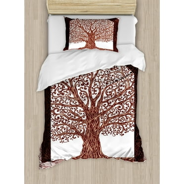 Nature Duvet Cover Set, Hand Drawn Tree Branch Roots with Modern Wavy Lines and Mandala Background Art, Decorative 2 Piece Bedding Set with 1 Pillow Shams, Twin Size, Maroon Brown, by Ambesonne