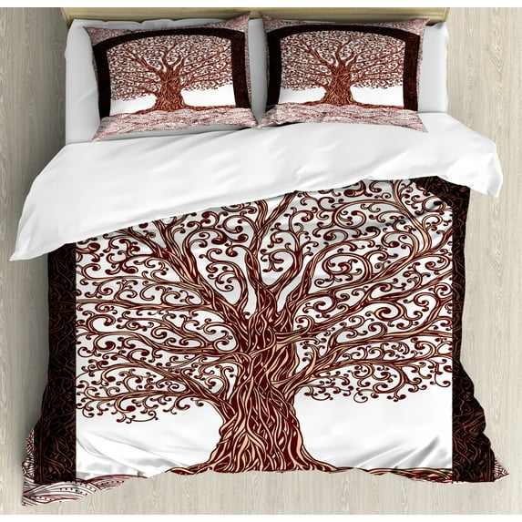 Nature Duvet Cover Set, Hand Drawn Tree Branch Roots with Modern Wavy Lines and Mandala Background Art, Decorative 3 Piece Bedding Set with 2 Pillow Shams, Queen Size, Maroon Brown, by Ambesonne