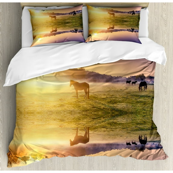 Nature Duvet Cover Set, Horse Valley in South with a Lake Reflection and Sun Rising Above Mountains Print, Decorative 3 Piece Bedding Set with 2 Pillow Shams, Queen Size, Pale Yellow, by Ambesonne