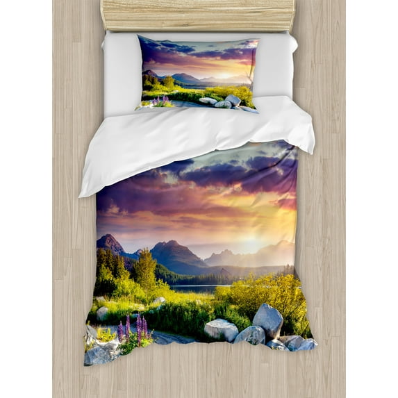 Nature Duvet Cover Set, Idyllic Skyline in National Park on European Mountains Tranquil Scenery, Decorative 2 Piece Bedding Set with 1 Pillow Shams, Twin Size, Fern Green Blue Lilac, by Ambesonne