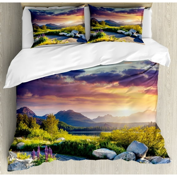 Nature Duvet Cover Set, Idyllic Skyline in National Park on European Mountains Tranquil Scenery, Decorative 3 Piece Bedding Set with 2 Pillow Shams, Queen Size, Fern Green Blue Lilac, by Ambesonne