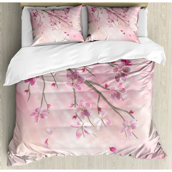 Nature Duvet Cover Set, Illustration of Spring Tree Branch with Blossoms Sun Beams on Blurred Background, Decorative 3 Piece Bedding Set with 2 Pillow Shams, King Size, Pink Fuchsia, by Ambesonne