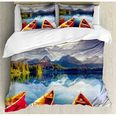 Nature Duvet Cover Set King Size, Dreamy Majestic Mountains View Reflections from Shore with Boats Pastoral Landscape, Decorative 3 Piece Bedding Set with 2 Pillow Shams, Multicolor, by Ambesonne
