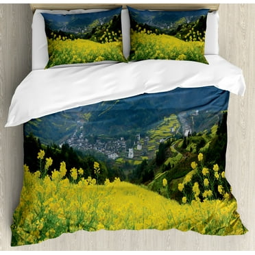Nature Duvet Cover Set King Size, Flower Meadow over the Village Mountains in a Row Grass Fresh Field Photo Print, Decorative 3 Piece Bedding Set with 2 Pillow Shams, Yellow Green, by Ambesonne