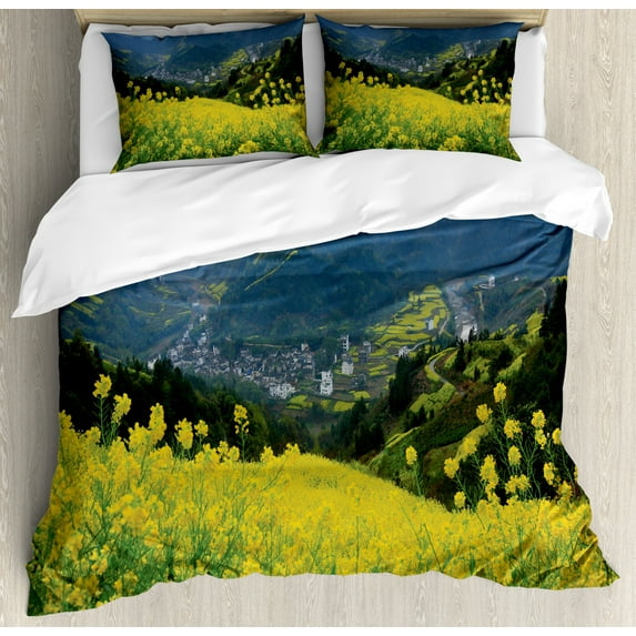 Nature Duvet Cover Set King Size, Flower Meadow over the Village Mountains in a Row Grass Fresh Field Photo Print, Decorative 3 Piece Bedding Set with 2 Pillow Shams, Yellow Green, by Ambesonne