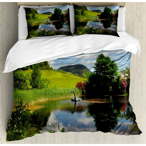 Nature Duvet Cover Set King Size, Lake by Meadow in a Sunny Day Rural Country Valley Scottish Summertime Landscape, Decorative 3 Piece Bedding Set with 2 Pillow Shams, Multicolor, by Ambesonne