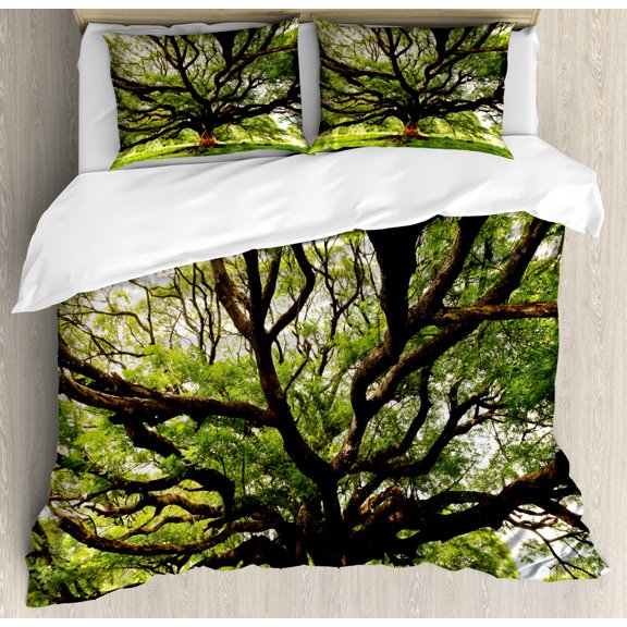 Nature Duvet Cover Set King Size, The Largest Monkey Pod Tree in Thailand Eastern Green Big Branches Growth Eco Photo, Decorative 3 Piece Bedding Set with 2 Pillow Shams, Green Brown, by Ambesonne
