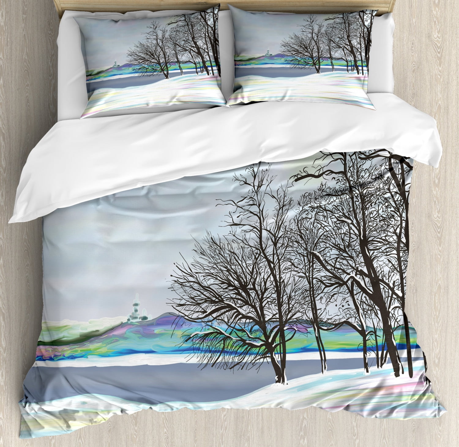 King Multicolor Microfiber Winter Forest Duvet Cover Set
