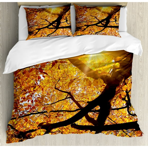 Nature Duvet Cover Set King Size, Sun through Leaf Golden Yellow Vivid October Foliage Harvest Serene Paradise Photo Art, Decorative 3 Piece Bedding Set with 2 Pillow Shams, Orange, by Ambesonne