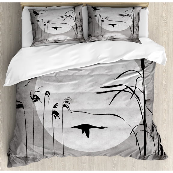 Nature Duvet Cover Set King Size, Sunset Horizon Background Flying Heron Birds on the Lake River Bushes Grunge Graphic, Decorative 3 Piece Bedding Set with 2 Pillow Shams, Black Grey, by Ambesonne