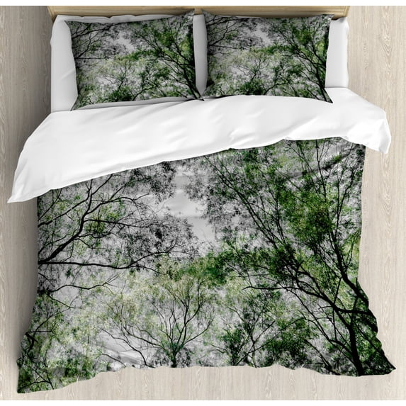Nature Duvet Cover Set King Size, Tree Branch in Spring Season Fairy Jungle Growth Nature Look Up Wood Scene Photo Print, Decorative 3 Piece Bedding Set with 2 Pillow Shams, Green, by Ambesonne