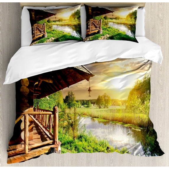 Nature Duvet Cover Set King Size, Wooden Country House by the Lake with Horizon Background Village Rural Life View, Decorative 3 Piece Bedding Set with 2 Pillow Shams, Multicolor, by Ambesonne