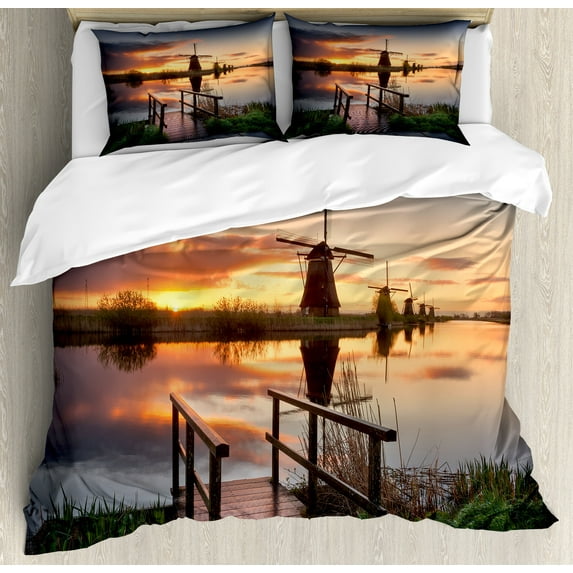 Nature Duvet Cover Set, Landscape with Traditional Famous Dutch Windmills on Background near Canal Photo, Decorative 3 Piece Bedding Set with 2 Pillow Shams, Calking Size, Orange Blue, by Ambesonne