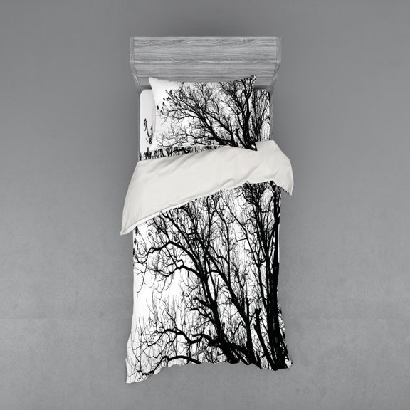 Nature Duvet Cover Set, Leafless Autumn Fall Tree Branches Tops Oak Forest Woodland Season Eco Theme, Bedding Set with Shams and Fitted Sheet, 3 Sizes, by Ambesonne