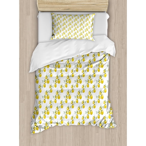 Nature Duvet Cover Set, Lemon Tree Branches Agriculture Kitchen Lemonade Citrus Graphic Art, Decorative 2 Piece Bedding Set with 1 Pillow Shams, Twin Size, Olive Green Yellow, by Ambesonne
