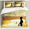 thumbnail image 1 of Nature Duvet Cover Set, Little Silhouette with a Bird Cage at Sunset in Forest Rural Trees Birds, Decorative 3 Piece Bedding Set with 2 Pillow Shams, Queen Size, Marigold Black, by Ambesonne, 1 of 3