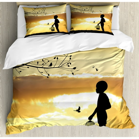 Nature Duvet Cover Set, Little Silhouette with a Bird Cage at Sunset in Forest Rural Trees Birds, Decorative 3 Piece Bedding Set with 2 Pillow Shams, Queen Size, Marigold Black, by Ambesonne