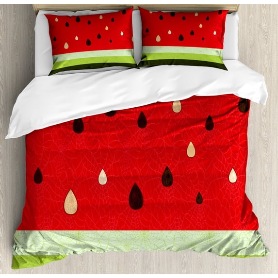 Nature Duvet Cover Set, Macro Watermelon Pattern Fresh Ripe Organic Fruit Illustration, Decorative 3 Piece Bedding Set with 2 Pillow Shams, King Size, Red Green Black, by Ambesonne