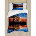thumbnail image 1 of Nature Duvet Cover Set, Majestic Full Branch Tree at Twilight with Water Reflection out Nature View, Decorative 2 Piece Bedding Set with 1 Pillow Shams, Twin Size, Blue Orange, by Ambesonne, 1 of 2