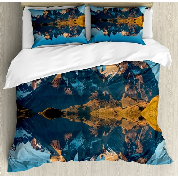 Nature Duvet Cover Set, Majestic Rocky Mountains with Reflections on the Lake Creek Idyllic Landscape, Decorative 3 Piece Bedding Set with 2 Pillow Shams, Queen Size, Blue and Brown, by Ambesonne