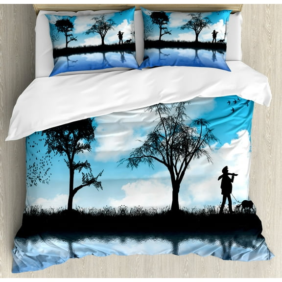 Nature Duvet Cover Set, Man with the Dog Walking by the Lake with Tree Reflection Moon Sky Print, Decorative 3 Piece Bedding Set with 2 Pillow Shams, King Size, Sky Blue Black White, by Ambesonne