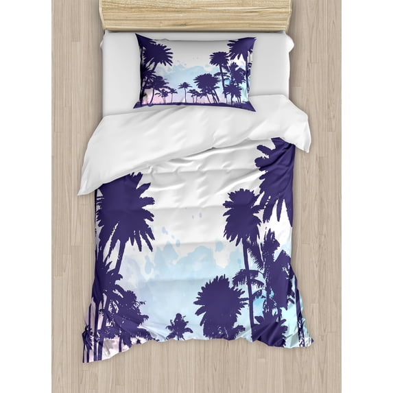 Nature Duvet Cover Set, Miami South American Plant Forest Tropic Natural Palm Trees Work of Art Print, Decorative 2 Piece Bedding Set with 1 Pillow Shams, Twin Size, Blue and White, by Ambesonne