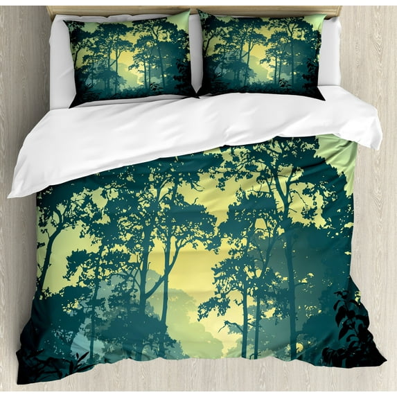 Nature Duvet Cover Set, Mist Forest Scenery with Tree Tops at Sunset Woodland Rural Landscape, Decorative 3 Piece Bedding Set with 2 Pillow Shams, Queen Size, Hunter and Green, by Ambesonne